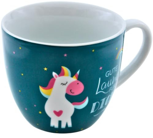 Dekohelden24 Maxi-XXL Kaffeebecher/Tasse aus Porzellan, XXL Kaffeepot, Motiv: Einhorn, Gute Laune für Dich, Größe H/Ø: 9,2 x 10,5 cm, Fassungsvermögen 400 ml, Spülmaschinengeeignet.