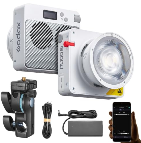 Godox ML100Bi 100 W LED-Videoleuchte, 2800 K – 6500 K zweifarbiges Fülllicht TLCI 98+, CRI 97+, 11 Lichteffekte,APP-Fernbedienung, Godox-Halterung mit 15° Linsenreflektor