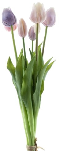 mucplants künstliche Tulpen Classic ca. 47cm Tulpenbündel mit 4 Tulpen und 3 Tulpenknospen real Touch (Lila/Lavendel)