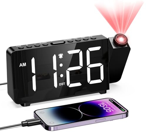 LOFICOPER Projektionswecker für Schlafzimmer, digitaler Wecker mit 180° drehbarem Projektor, 180 ° drehbar, große LED-Anzeige, Helligkeit und Lautstärke einstellbar, für