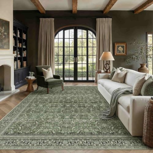HUGEAR Vintage Teppich Wohnzimmer 200x300cm Grün Waschbar | Waschbarer Retro Teppich,Weich,Rutschfest Kurzflor,Groß,für Wohnzimmer,Schlafzimmer, Esszimmer,Büro,Carpet,Teppiche