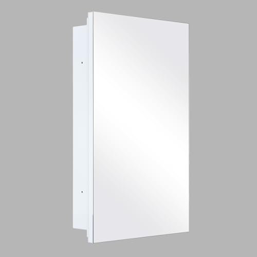 FOMAYKO Single Door Bathroom Mirror Cabinet, Recessed or Wall Mount Storage with Mirror, Cabinet with Adjustable Shelf, White, 66 X 41 CM
