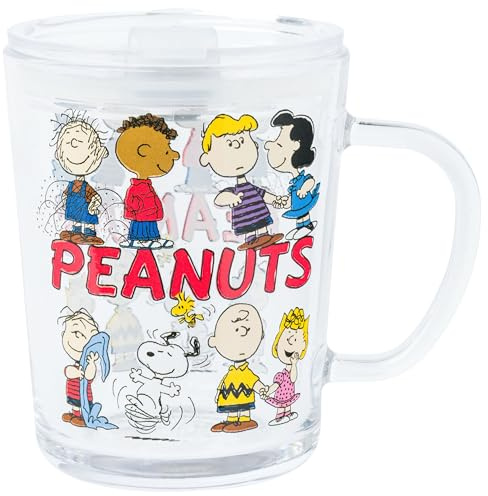 Silver Buffalo Peanuts Group Travel Glass Mug with Sliding Lid and Handle with Linus, Pig Pig, Franklin, Schroeder, Sally, Lucy, Charlie Brown, Snoopy and Woodstock, 14 oz