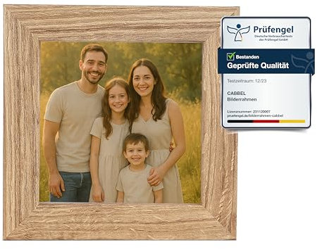 CABBEL Bilderrahmen 10x10 cm aus MDF | Acrylglas bruchsicher | Eiche | 1er Pack | Quadratischer Fotorahmen zum Aufstellen oder Aufhängen | Modern & stabil