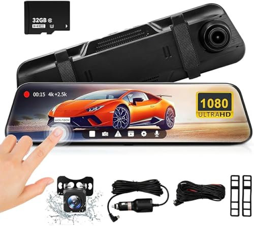 Dash Cam Front and Rear, 10'' FHD IPS Touch Screen Dual Dashcam, 1080P 4K Mirror Dash Cam, 170° Wide Angle, Super Night Vision, Loop Recording, 24H Parking Mode, 32GB Card, Intelligent Voice Control