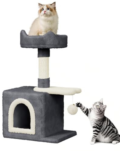 Dogat 28 inch Small Cat Tree, Multi-Level Stable Cat Tower with Sisal Scratching Posts, Dangling Ball Toy, Cozy Condo & Perch, Indoor Cat Furniture for Playing, Climbing and Relaxation, Dark Grey