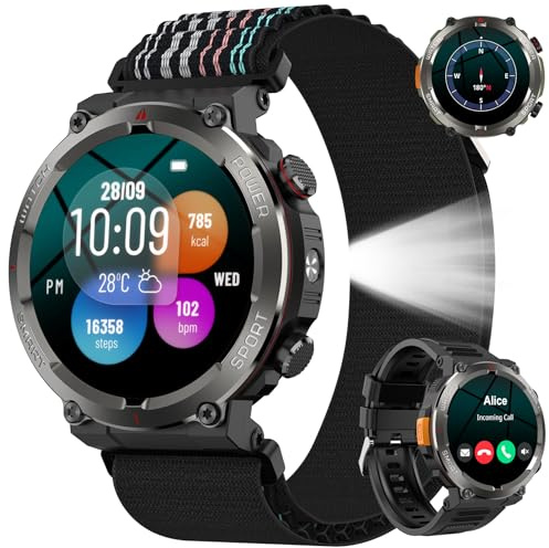 Baolubao Smartwatch Uomo con Effettua o Risposta, 1.45 HD Orologio con 100Giorni StandbyBatteria/LED Torcia/Bussola, 24/7 Monitoraggio Salute (Frequenza Cardiaca/Sonno/SpO2) per Android iOS