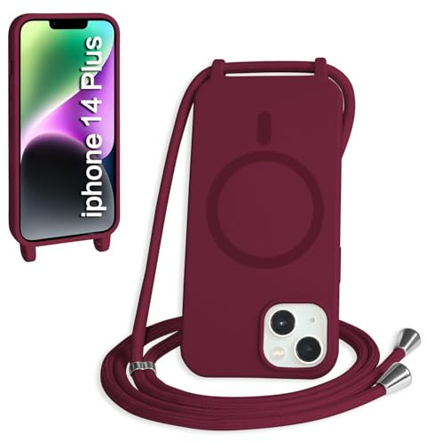 FMPCUON Magnétique Coque avec Cordon pour iPhone 14 Plus, [Compatible avec MagSafe] Etui Collier Réglable Téléphone Étui Portable Lanyard Case Protection Complète Cover,Rouge