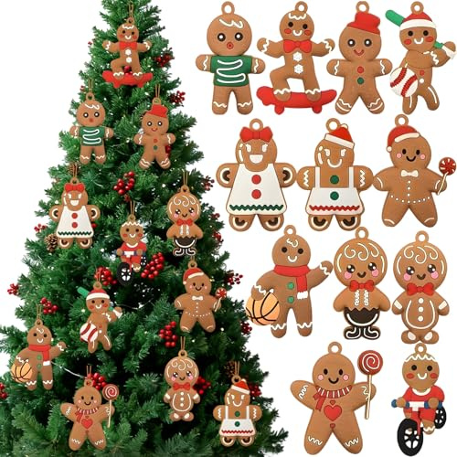12Pcs Christmas Tree Ornaments Gingerbread Christmas Decorations Assorted Gingerbread Man Designs with Strings, Hanging Ornaments for Xmas Tree Decors