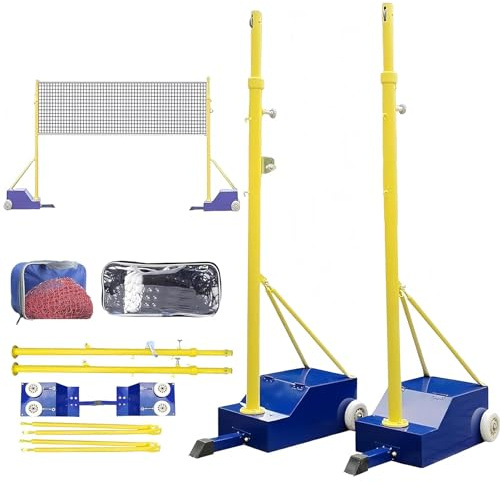 Volleyball-Pfosten, inklusive Volleyball-/Badmintonnetz, für drinnen und draußen, 4-fach höhenverstellbar (1,55m–2,1m), mit Rollen und Netz für Erwachsene, geeignet für Stadion und Garten