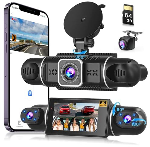 Hikity 2K 360°Dashcam avec Carte SD 64G 4 Caméras | Écran IPS 3 Pouces Dach Cam Voiture 2K+1080P*3 Enregistrement en Boucle Capteur G Vision Nocturne Parking Monitor