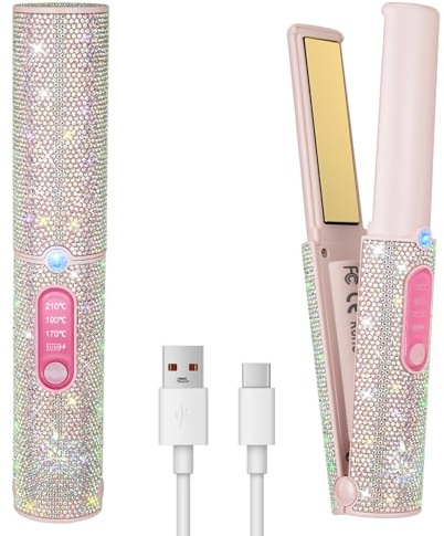 Huajun 2-in-1 Cordless Hair Straightener Curler, Pink Rhinestone Mini Wireless Titanium Flat Iron, 5000mAh USB-C Rechargeable, 2S Fast Heating, Up to 410°F, Portable Styling Tool, Ideal Gift for Women