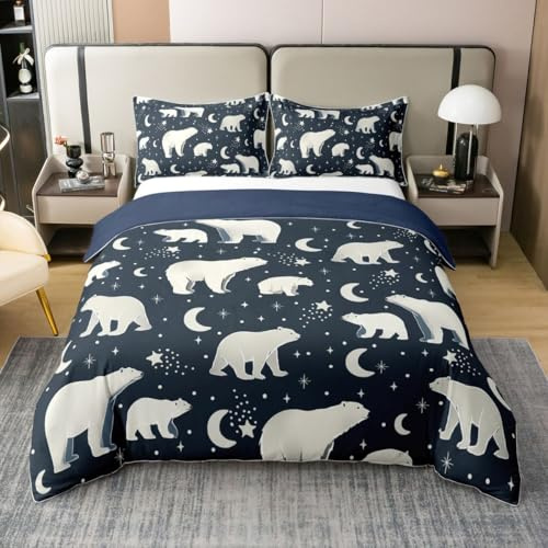 Homewish Hübscher Eisbär Bettwäsche Baumwolle Nachthimmel Bettbezug 155x220 Erwachsene Teenager Frauen Marineblau Sternenmuster Mond Bettwäsche Set Jugendliche Winter Bettset Zimmerdekor Weich