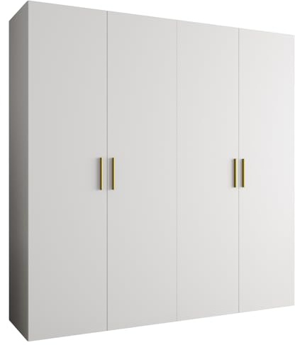 MEBLE KRYSPOL - Kleiderschrank - Garderobenschrank - 200 cm x 202 x 52 cm - Schrank mit Kleiderstange, 4 Türen - für Schlafzimmer, Flur - BARI, Weiß, Griff Gold