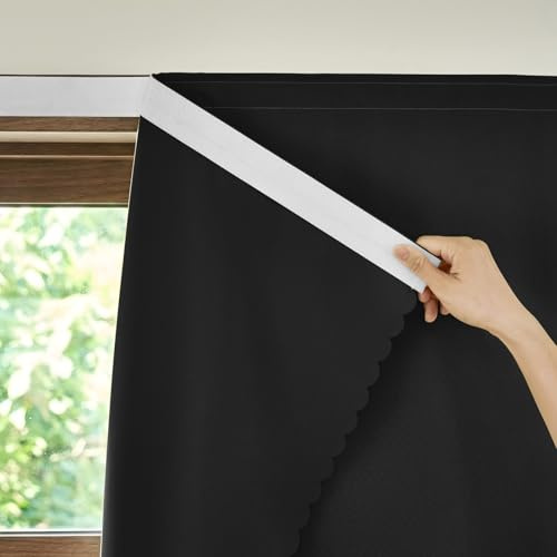 AJAZZ Adhesive French Door Blackout Curtains, Thermal Insulated Darkening Shade, Bedroom Kitchen, 35 W X 59 L, Black, 1 Panel