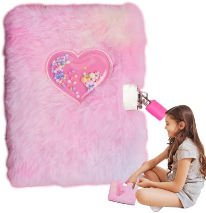 Diario vintage con cerradura y llave – Cuaderno en forma de corazón de felpa, cerradura con llave secreta, diario de escritura con panel de línea, diseño lindo para niña, tamaño A6 | Corazón, niñas,