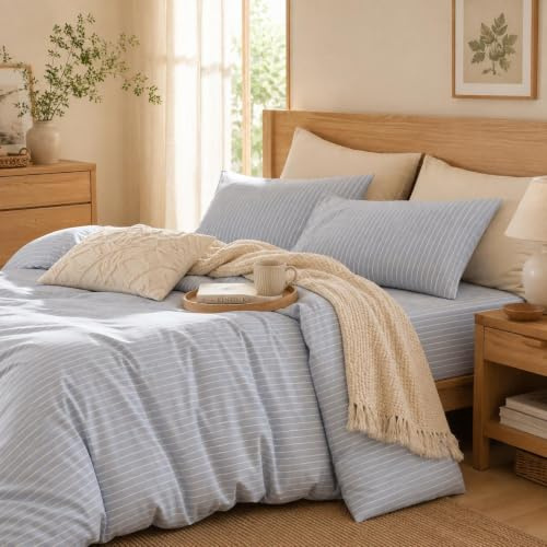 Lanqinglv Bettwäsche 200x220 Baumwolle Gestreift Blau,Stone Washed,Renforce | ÖKO-TEX Zertifiziert,Leinenoptik Bettwäsche Allergiker,4 Jahreszeiten Set,Bettbezug 2 Kissenbezüge 80x80 mit Reißverschluss