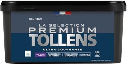 Tollens - Peinture Couleur - Murs, Boiseries & Radiateurs - La Sélection Premium - Pièces sèches et humides - Ultra couvrante - Ultra résistante - Ecolabel - Velours - BLEU MINUIT - 2L5 = 30m²