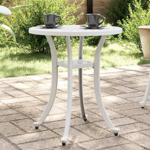 Drillkyn Gartentisch Weiß aus Aluminium-Druckguss Ø48x53 cm Terrassentisch Balkontisch Outdoortisch mit stabilem Gestell ideal für Gartenmöbel Terrasse Balkon Patio zum Essen Grillen Feiern
