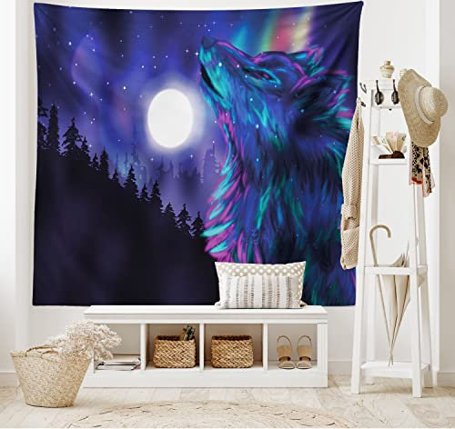 ABAKUHAUS Mond Wandteppich und Tagesdecke, Aurora Borealis und Wolf aus Weiches Mikrofaser Stoff Waschbar ohne Verblassen Digitaldruck, 230 x 140 cm, Magenta Indigo