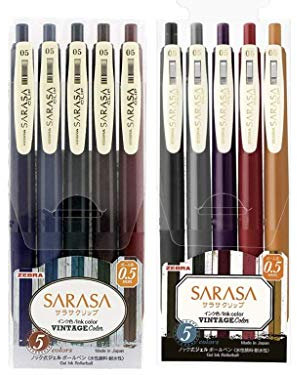 Sarasa Clip Zebra 0.5 Retractable Gel Pen Rubber Grip 0.5mm Vintage Colors 10 Colors Bundle (JJ15-5C-VI+JJ15-5C-VI2)