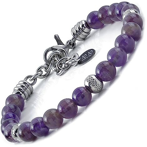10:10 Edelstahlarmband und 6 mm natürliche Amethyststeine, Armband für Männer und Frauen. Verstellbares Armband Made in Italy…
