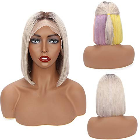 Pastell Regenbogen bunte Perücken, gerade kurze Bob 13x4 Spitze Front Perücken menschliches Haar keine Pony für Frauen Mädchen Cosplay, Omber farbige schulterlange Perücke für täglich(10-12in/25-30c
