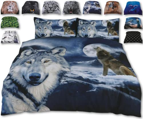 Rare Wild Alpha Wolf Bed Set – 3D Animal Printed DOUBLE Beddings Duvet Cover + 2 Matching Pillowcases - Premium Quality Print Design – Natural Cotton + Virgin Polyester (Wolf, Double)
