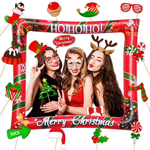 KKSJK Weihnachten Aufblasbarer Bilderrahmen mit 32 PCS Foto Requisiten, Weihnachtsdeko Photo Booth, Christmas Party Fotobox Accessoires, Selfie Rahmen für Weihnachten
