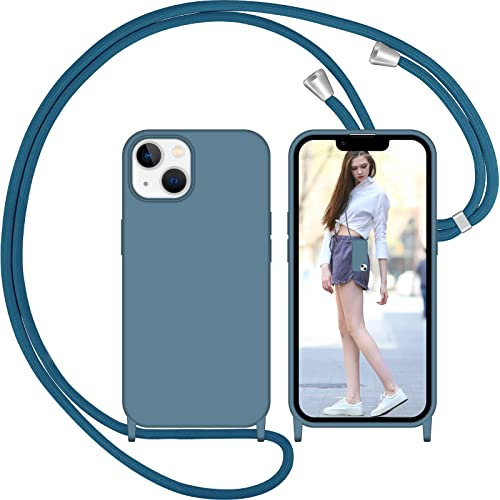 Nupcknn Liquid Silikon Handykette Hülle für iPhone 14 Hülle Necklace(abnehmbar) Hülle mit Kordel zum Umhängen Handy Schutzhülle mit Band(Ziegelblau)