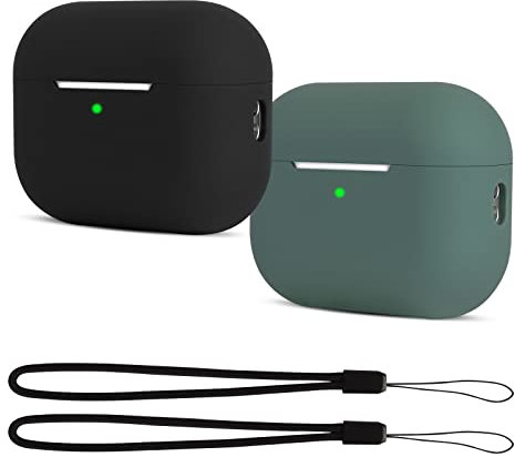 KOKOKA 2 Pack Case Cover Compatible with AirPods Pro 2 Case 2022, Soft Silicone Skin Case Cover Shock-Absorbing Protective Case with Lanyard for Airpods Pro 2nd Generation, Black/Deep Green
