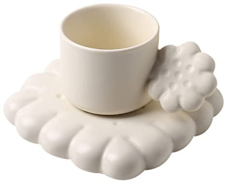 Pmandgk Cute Biscuit Ceramic Coffee Cup Set with Biscuit-Shape Tray Tea Latte Milk Mug Plate Birthday Gift(White)