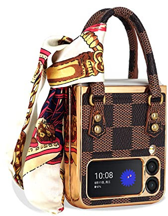 COQUE Coque Samsung Galaxy Z Flip 4 - Élégant petit sac de téléphone - Anti-chocs - Anti-chute - Pliable - Pour Samsung Galaxy Z Flip4 5G - Grille - Marron