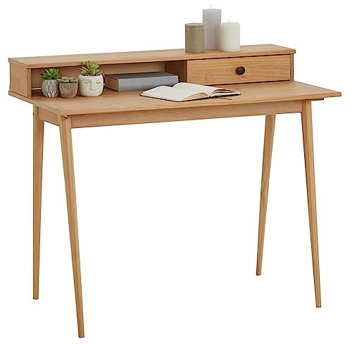 IDIMEX Schreibtisch Malina mit Aufsatz & Schublade aus Kiefer Massivholz, Natur - Bürotisch mit Stauraum & konischen Beinen, Stabiler PC-Tisch aus robusten Materialien