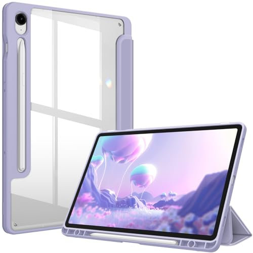FINTIE Custodia per Samsung Galaxy Tab S10 FE 10.9 Pollici 2025/S9 FE 10.9 2023/S9 11 2023 con Portapenne - Antiurto Sottile Case Posteriore Trasparente Cover con Auto Sonno/Sveglia, Lilla Viola