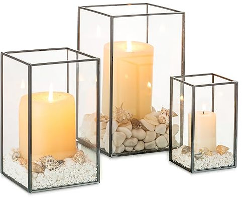 NUPTIO Lanterne Ouragan Noire en Verre : Ensemble de 3 Bougeoirs Carrés en Verre Trempé Cheminée D'intérieur Salon Salle à Manger Manteau de Cheminée Ornement de Fête de Mariage