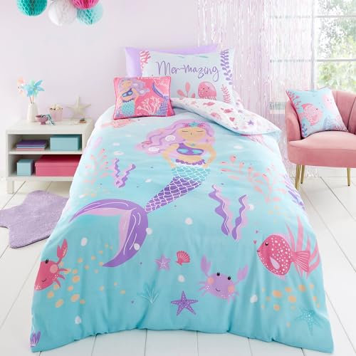 Bedlam Meerjungfrau-Bettbezug – Einzelbettgröße (200 x 140 cm) – wendbar (2 Designs) – Ozean-Meerestier-Bettbezug für Mädchen – Meerjungfrauen-Bettwäsche für Mädchen –