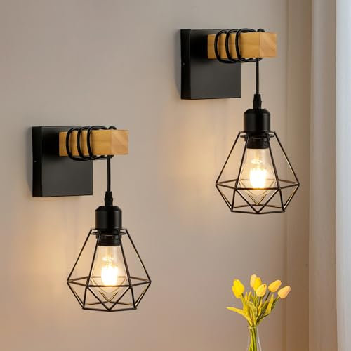 FORCOSO Wandleuchte Innen 2er, Vintage Wandlampe Holz und Metall, E27 Wandbeleuchtung Schwarz Braun Wand Lampe, Retro Industrial Wall Light Fixtures Indoor Wohnzimmer Schlafzimmer Flur Treppenhaus