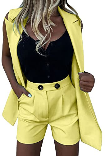 Gilet da Donna in Tinta Unita, Pantaloncini, Completo da Completo Completi da 2 Pezzi per Donna Tinta Unita Senza Maniche con Pantaloncini Completi da Lavoro Casual Eleganti (Yellow, M)