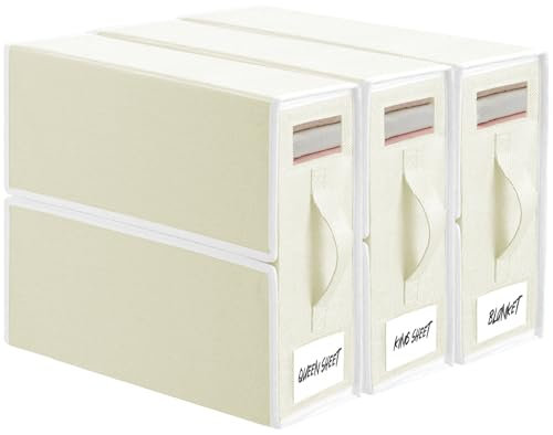 TAHAVICE Bed Sheet Organiser - 3 Pack Foldable Storage Box with Handle and Clear Window, for Bedding Clothes, Blankets - Beige