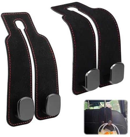 TENTHPEO 2 Pcs Car Seat Hooks for Headrest, Leather Car Seat Back Storage Hooks, Multifunctional Auto Organiser Double Headrest Hook for Cups, Umbrellas, Key Chains, Bags, Purses, Handbags