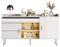 LARFOEK Buffet avec portes coulissantes en verre et éclairage LED - Commode en bois - Armoire autoportante - Armoire multifonction pour salon, chambre à coucher, couloir - Blanc - 140 x 38 x 76 cm