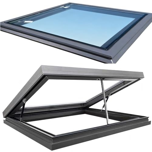 Ventana de Techo Eléctrica de Aleación de Aluminio, con Doble Acristalamiento Templado Aislante, Mando a Distancia y Sensor de Lluvia, Apta para Tejados, Áticos, Personalizable, A, 60x60cm/23.6x23.6in