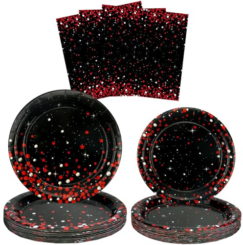 HCJDI 75 Pieces Black and Red Party Tableware Party Supplies, Serve 25 | 7 Inch and 9 Inch Paper Plates, Napkins, Dinnerware for Birthday Wedding Halloween Party Decorations (Black and Red)