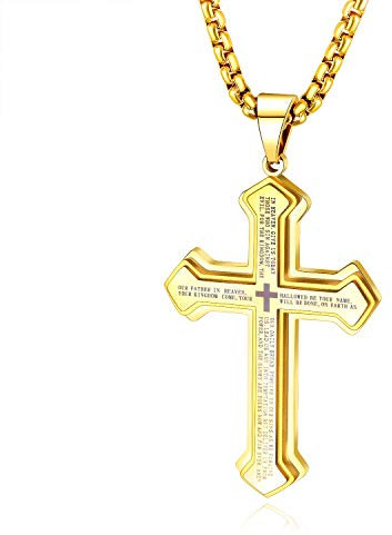 Cytecedx Herren-Halskette mit Kreuz-Anhänger Herrenkette Männer Kette, Edelstahl Halskette Kubanischer Ketten Silber Gold 60 cm Biker Punk Rock Herren-Accessoires (Gold)