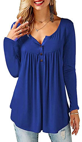 Beluring Long Sleeve Tshirts Women Pleated Blouse Ladies Tunic Tops Blue Size 12 14