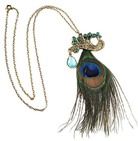 BYFRI Vintage Strass lange Necklacetassel Pfau-Feder-Halsband Schmuck für Frau