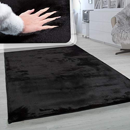 Paco Home Hochflor Teppich Wohnzimmer Super Softes Kaninchenfell Imitat Kunstfell Schwarz, Grösse:140x200 cm