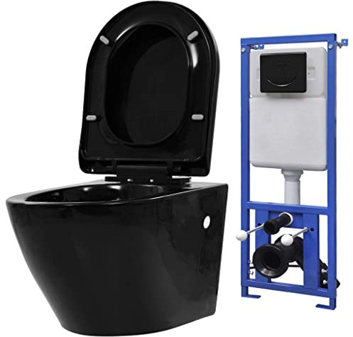 vidaXL Toilette Suspendue au Mur avec Réservoir Caché Salle de Bain Maison Vestiaire Economie d'Eau Pieds Réglables en Hauteur Céramique Noir
