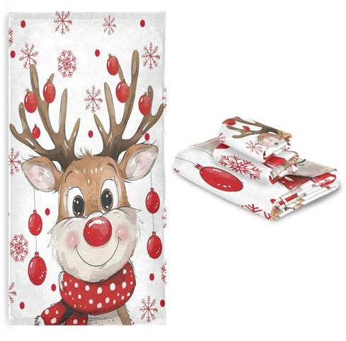 Vdsrup Winter-Rentier-Handtücher, Set mit 3 Weihnachtskugeln, Schneeflocken, Handtuch, Weihnachts-Hirsch-Badetuch, Waschlappen, weiches dünnes Gesicht, Gästetuch, Küche, Geschirrtücher,